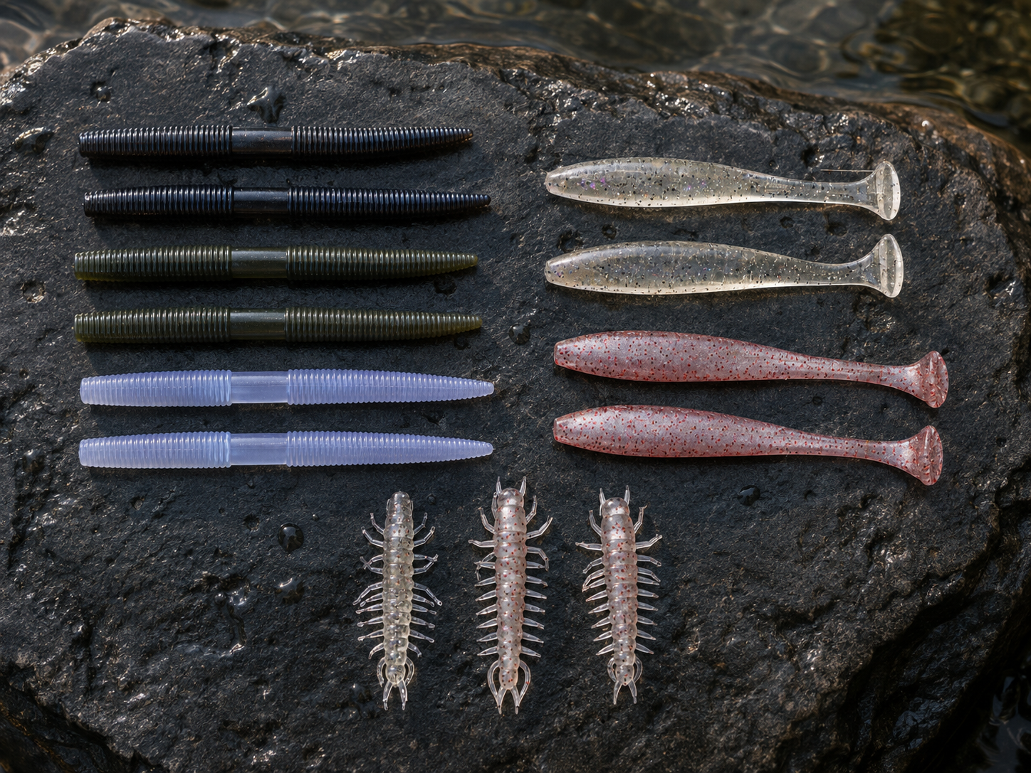 Real Riverforge stick baits, paddle tails and Ned baits arranged for the product lineup